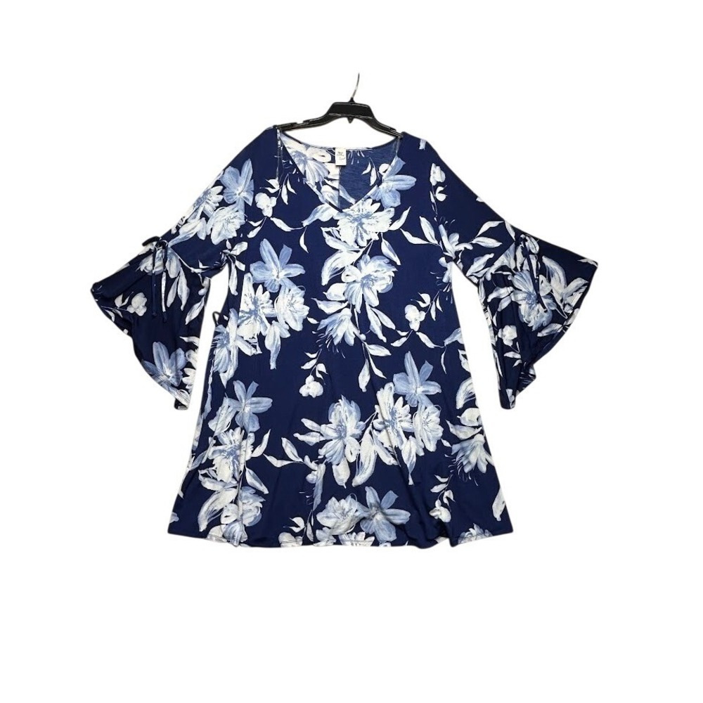 Sew In Love Blue Floral Bell Sleeve Tunic Top Plus Size 3X V-Neck Pockets VED120
